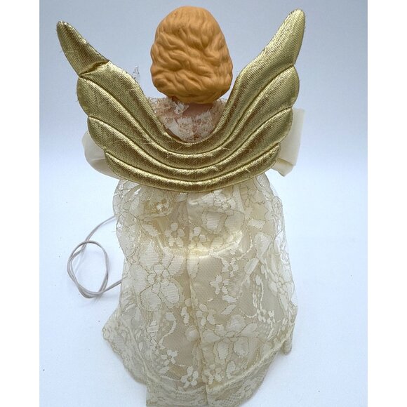 Vintage 10" Angel Tree Topper Lace Dress & Gold Wings Electric Lighted Figurine - Picture 3 of 9